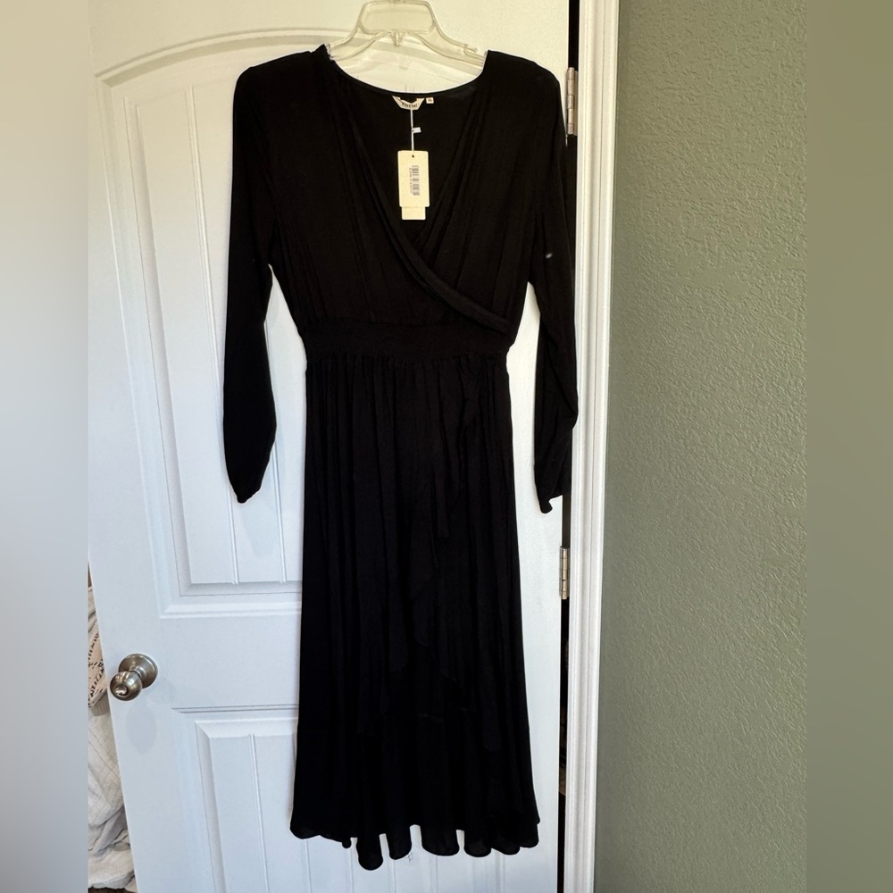 Black Wrap Maxi Dress XL Long Sleeve Tiered Boho Wedding Guest NWT